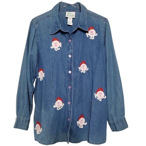 The Quacker Factory Santa Chambray Denim Shirt Embroidered Embellished Womens M - Picture 1 of 8
